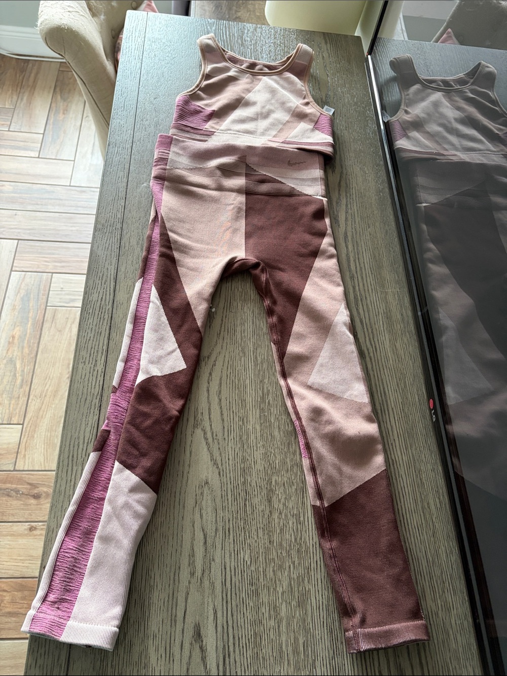 Nike Pink and Brown Geometric Sports Bra & Leggings Set